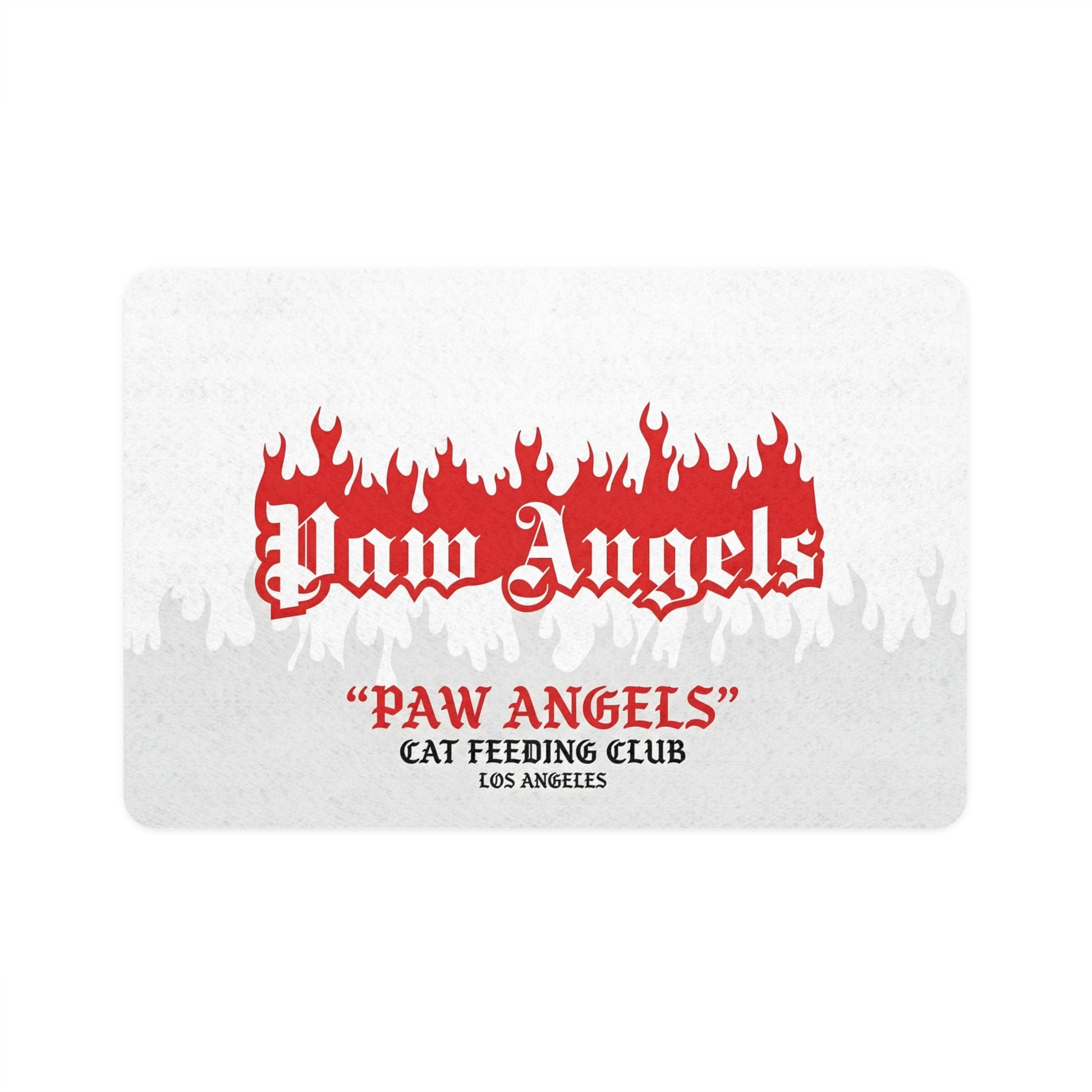 Paw Angels flame pet food mat with gothic logo and red fire graphic by Mad Cat Cartel