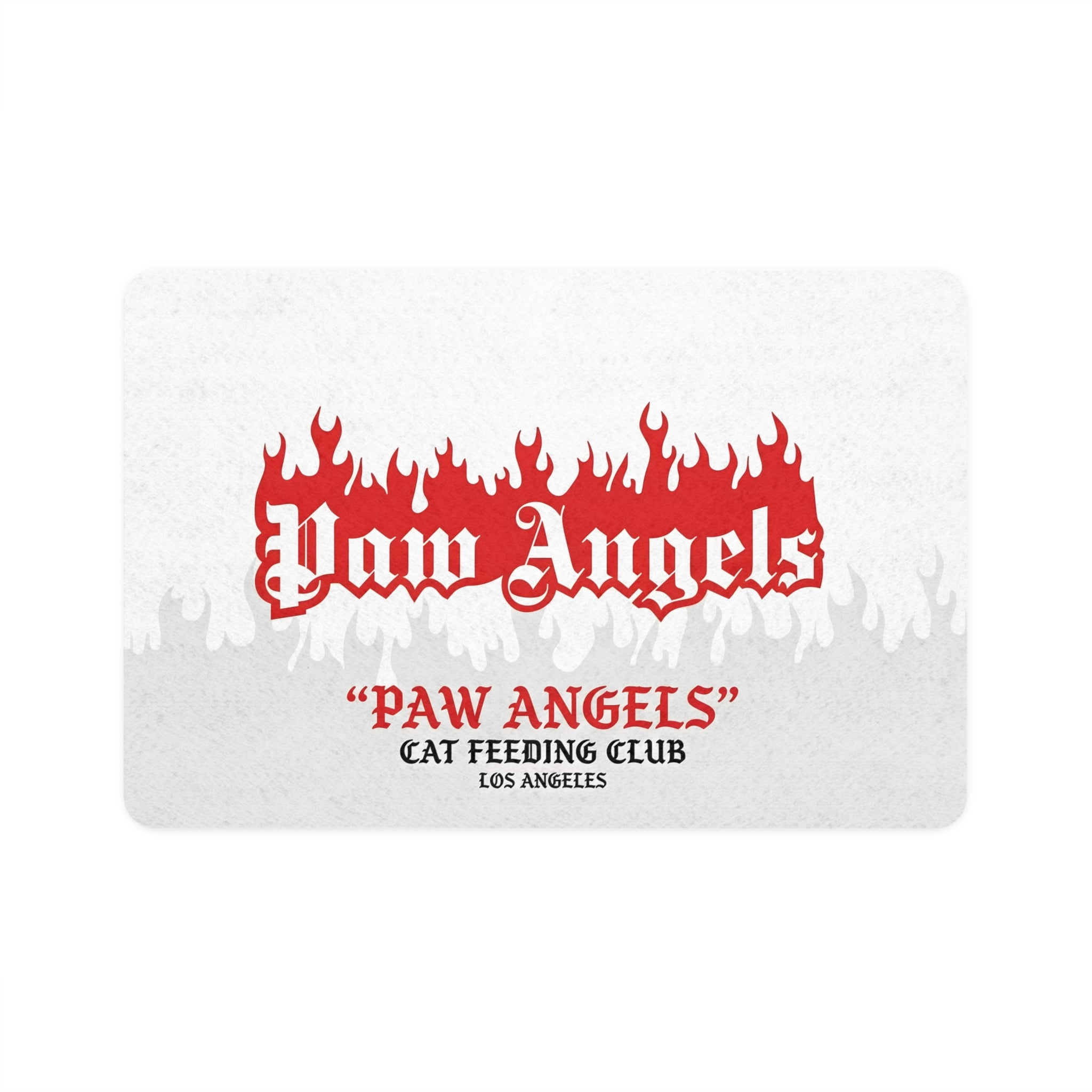 Paw Angels flame pet food mat with gothic logo and red fire graphic by Mad Cat Cartel