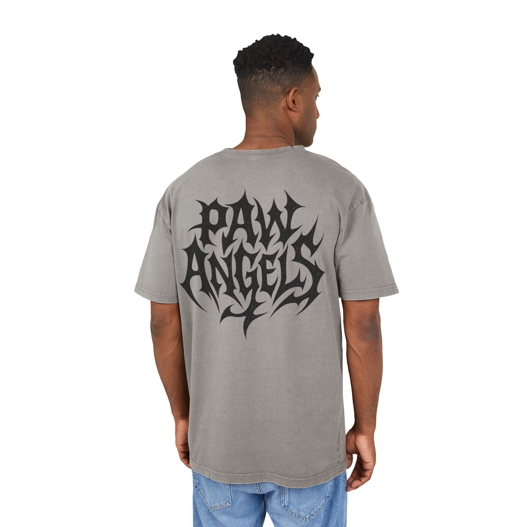 Paw Angels Hellcat Acid Washed Cat Graphic Men's Oversized T-Shirt in asphalt, back view on a male model