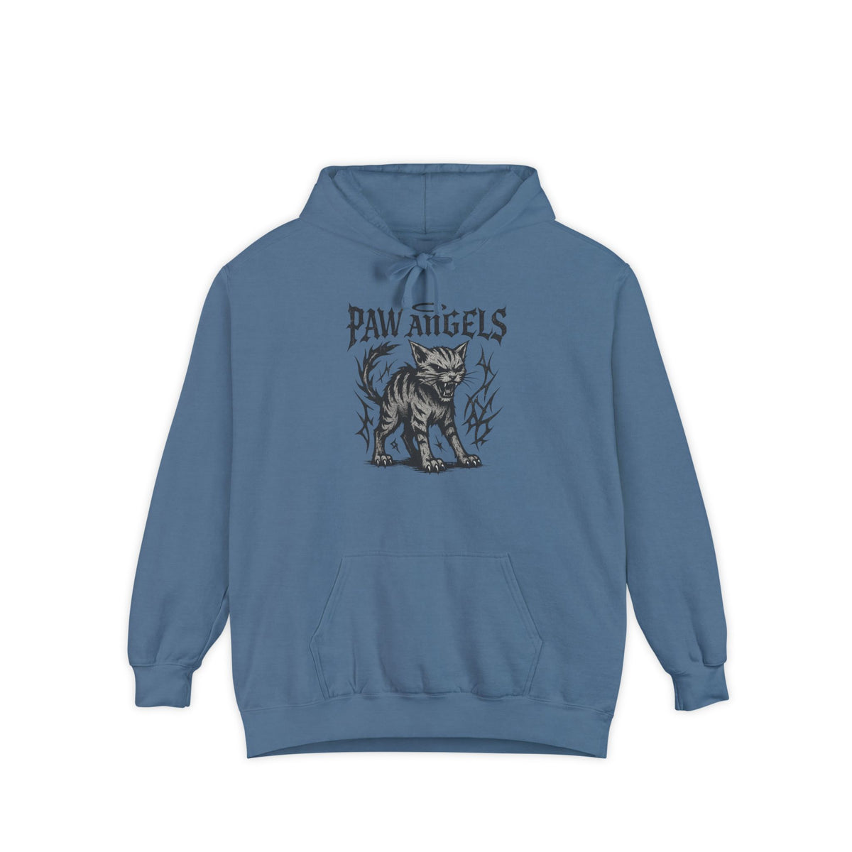 Paw Angels Hellcat Graphic Hoodie in blue jean, front view