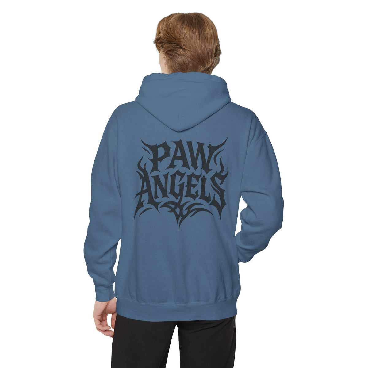 Paw Angels Hellcat Graphic Hoodie in blue jean, back view on a male model
