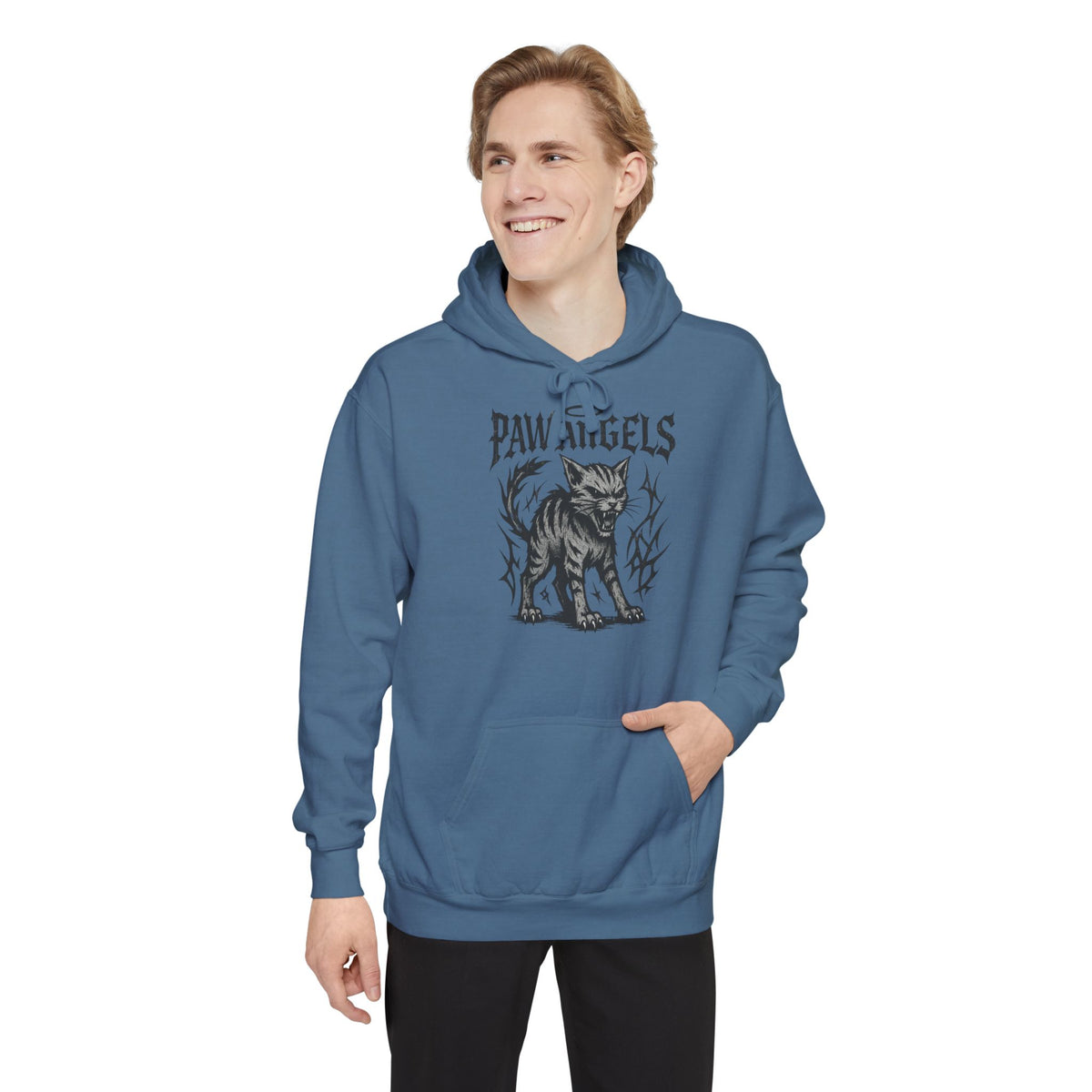 Paw Angels Hellcat Graphic Hoodie in blue jean, worn by a male model