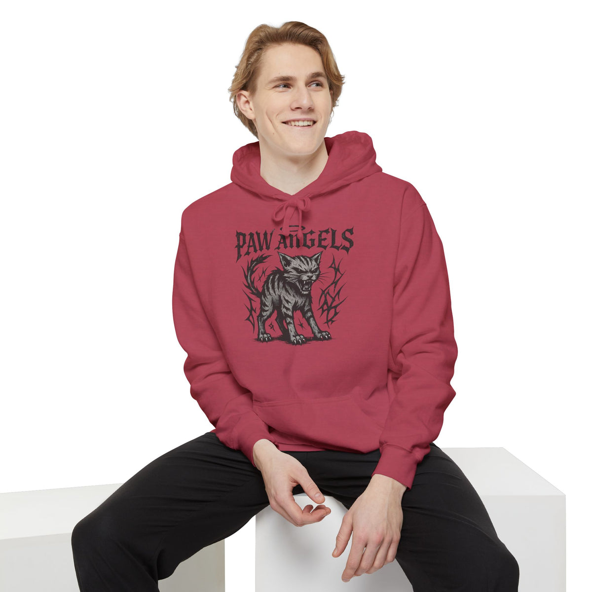 Paw Angels Hellcat Graphic Hoodie in crimson, worn by a male model