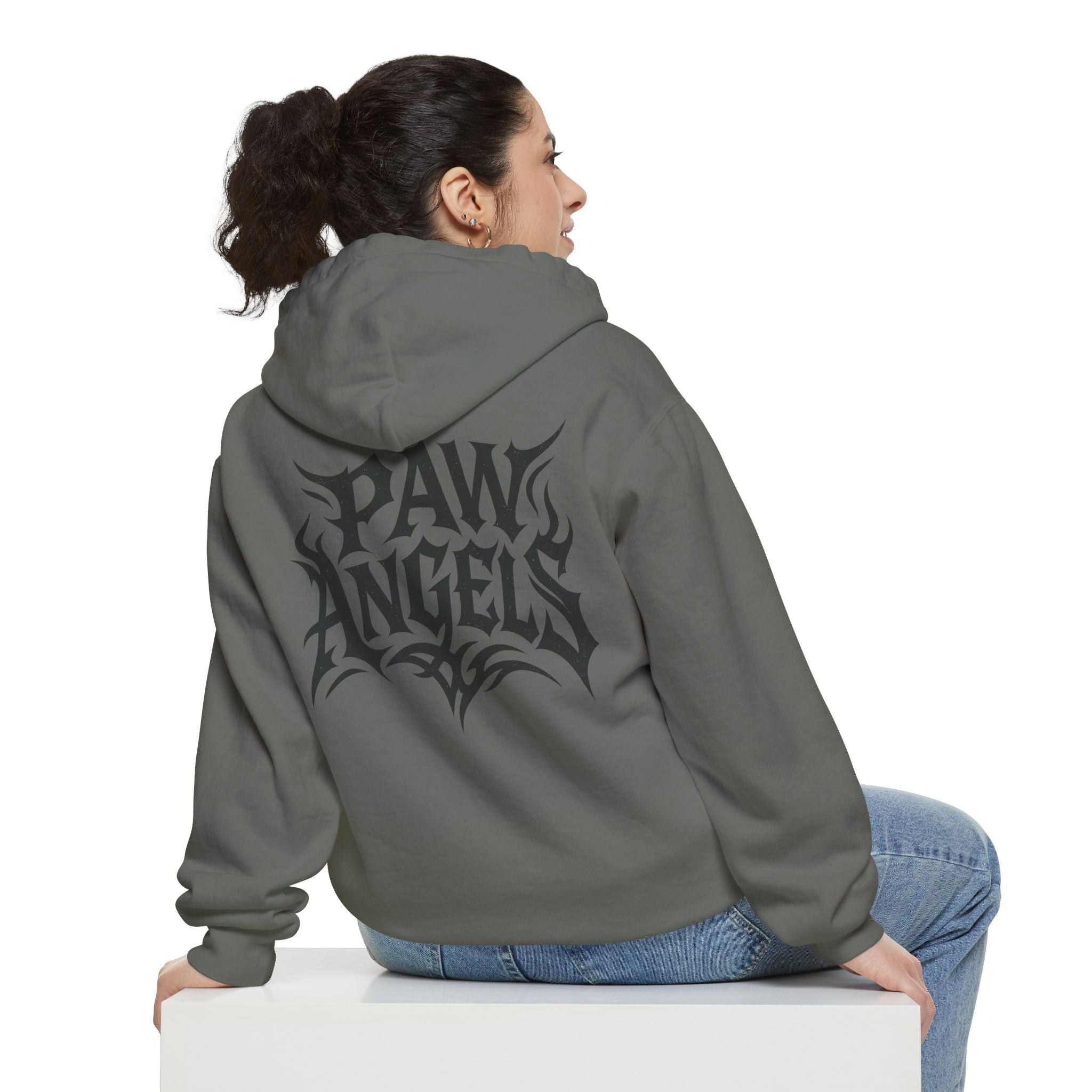 Paw Angels Hellcat Graphic Hoodie in grey, back view on a female model