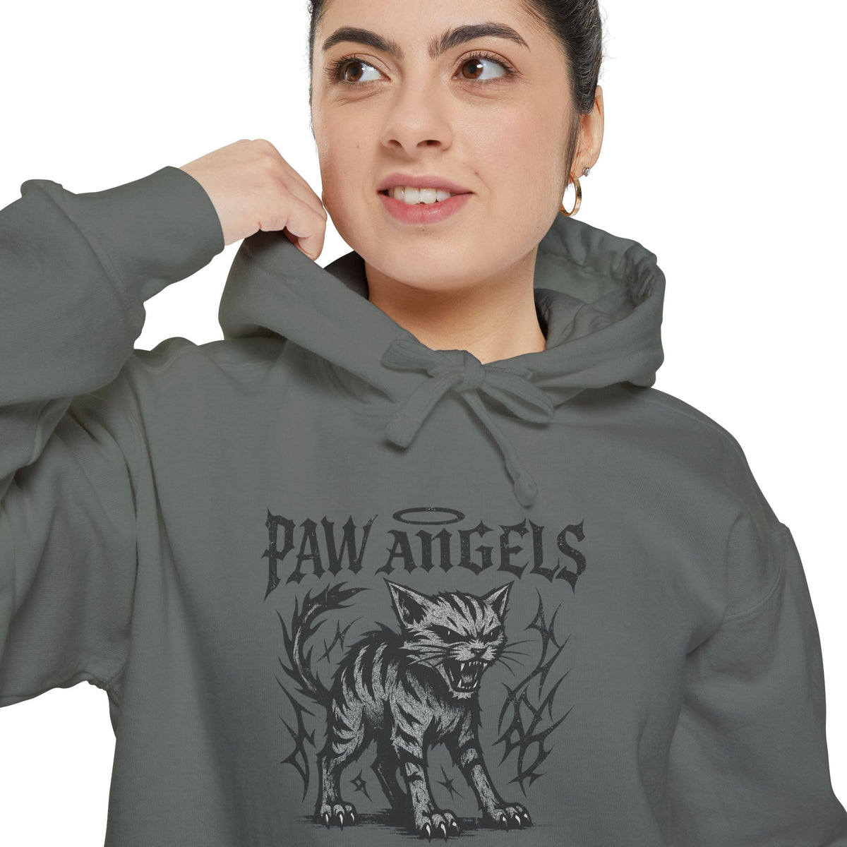 Paw Angels Hellcat Graphic Hoodie in grey, worn by a female model