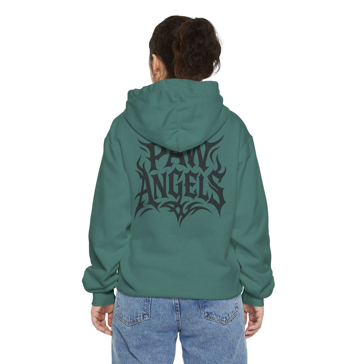 Paw Angels Hellcat Graphic Hoodie in light green, back view on a female model