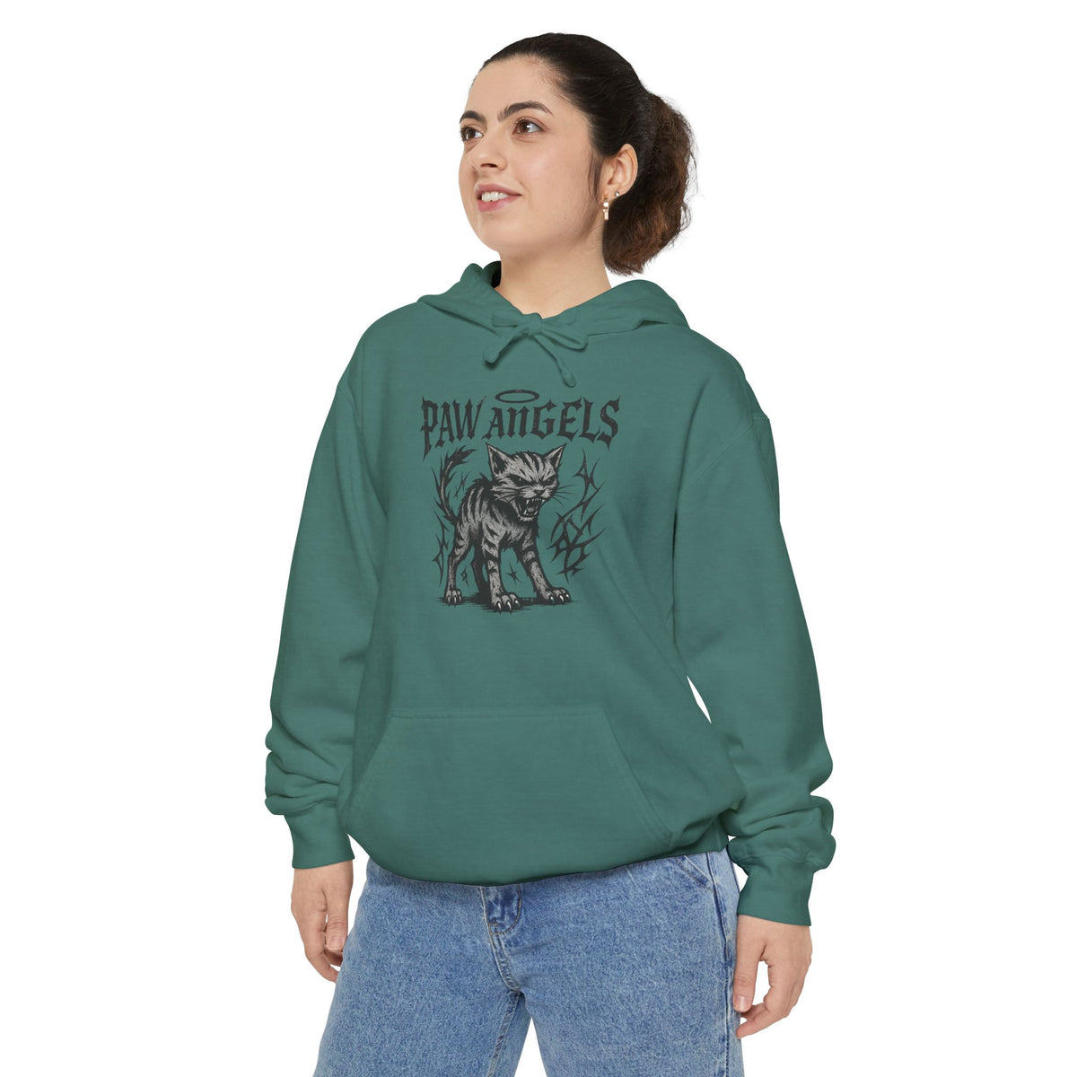 Paw Angels Hellcat Graphic Hoodie in light green, worn by a female model