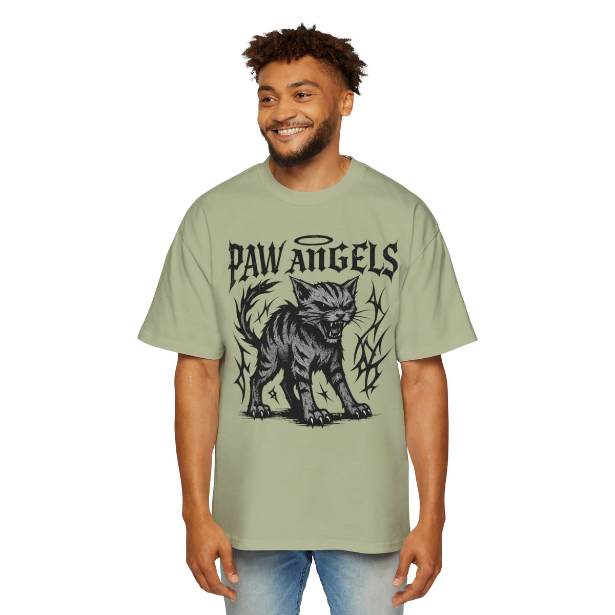 Paw Angels Hellcat Graphic Men's Oversized T-Shirt in pistachio, worn by a male model