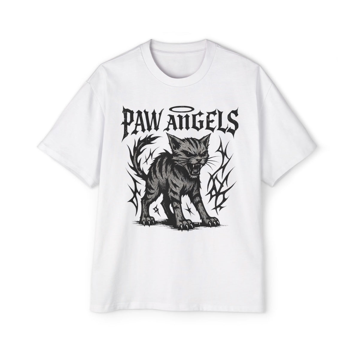 Paw Angels Hellcat Graphic Men's Oversized T-Shirt in white, front view