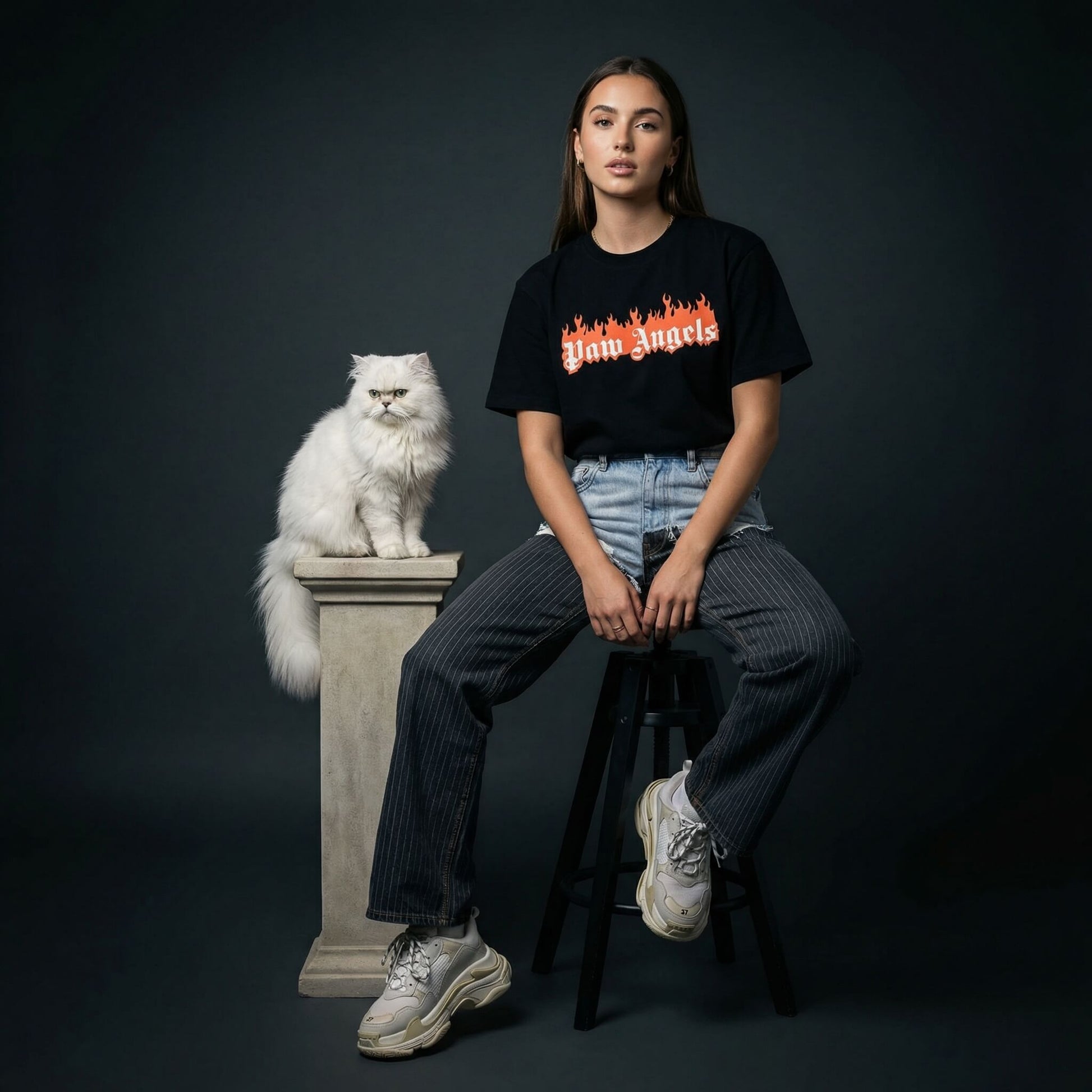 Paw Angels flame logo t shirt by Mad Cat Cartel in black worn by woman model with white cat