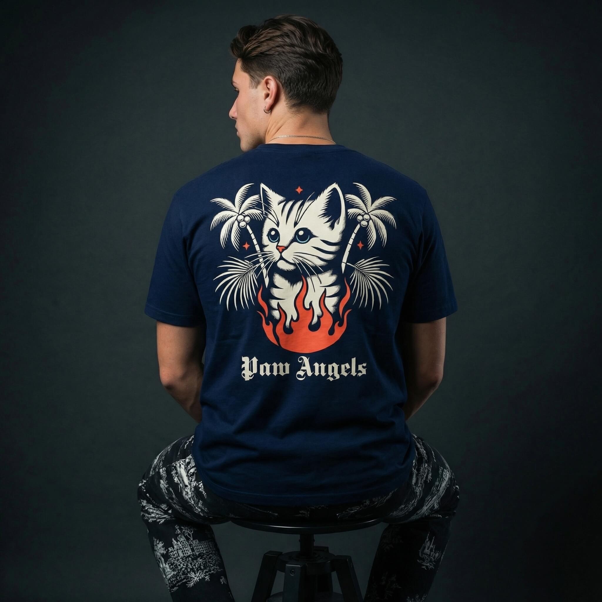 Paw Angels tropical cat graphic tee by Mad Cat Cartel in navy with back print of cat in flames worn by man model
