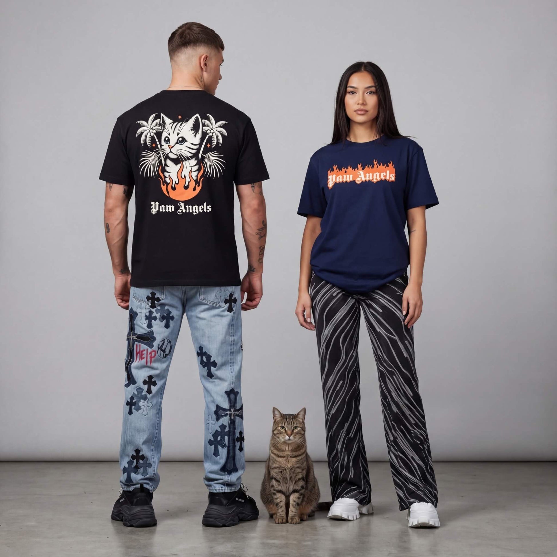 Man and woman posing in Paw Angels designer parody t shirts by Mad Cat Cartel
