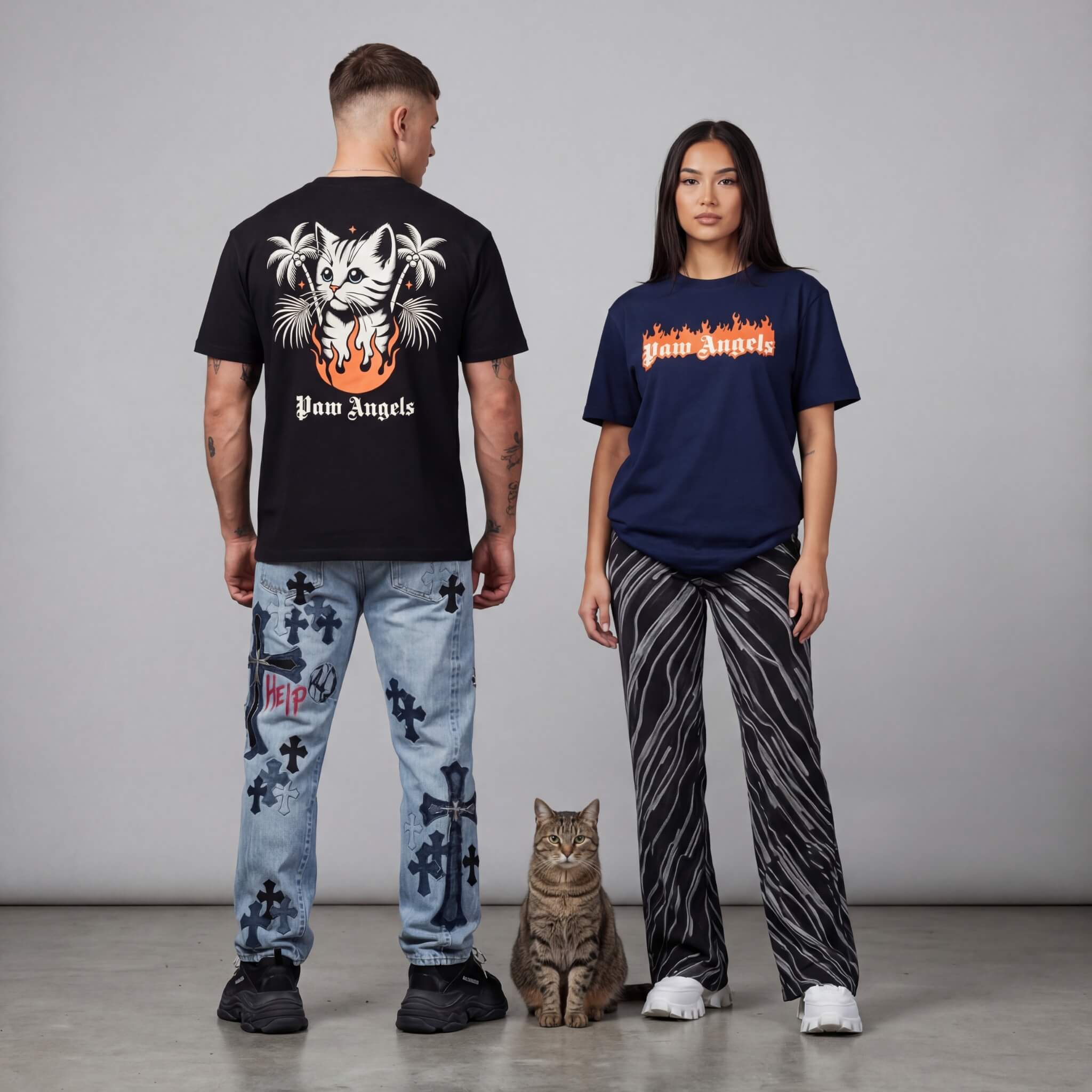 Man and woman posing in Paw Angels designer parody t shirts by Mad Cat Cartel