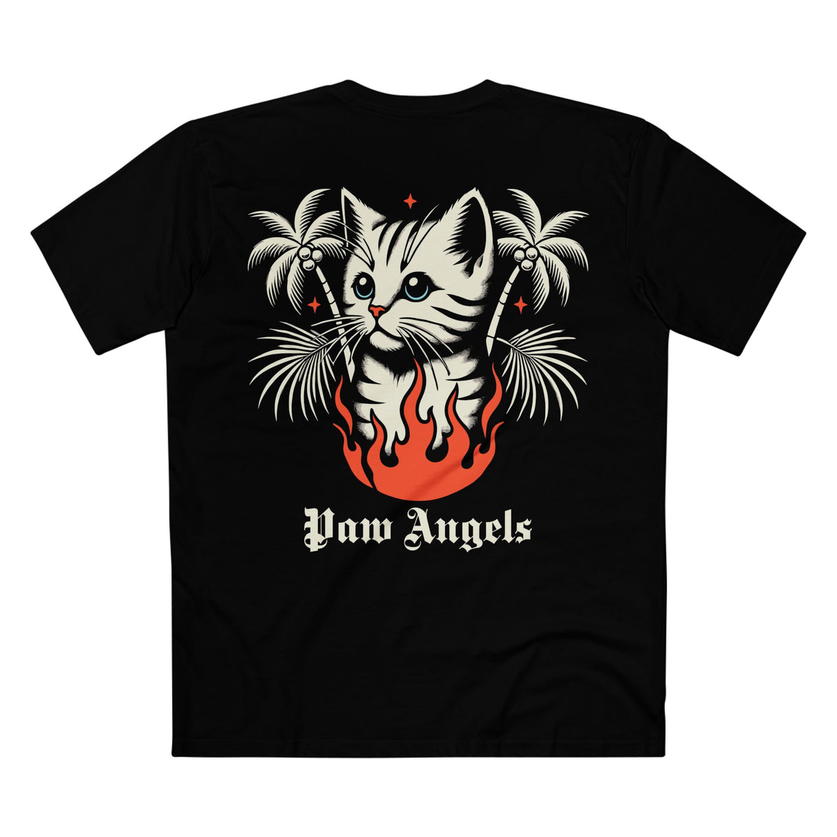 Paw Angels Paradise Inferno Cat Graphic T-Shirt in black, back view