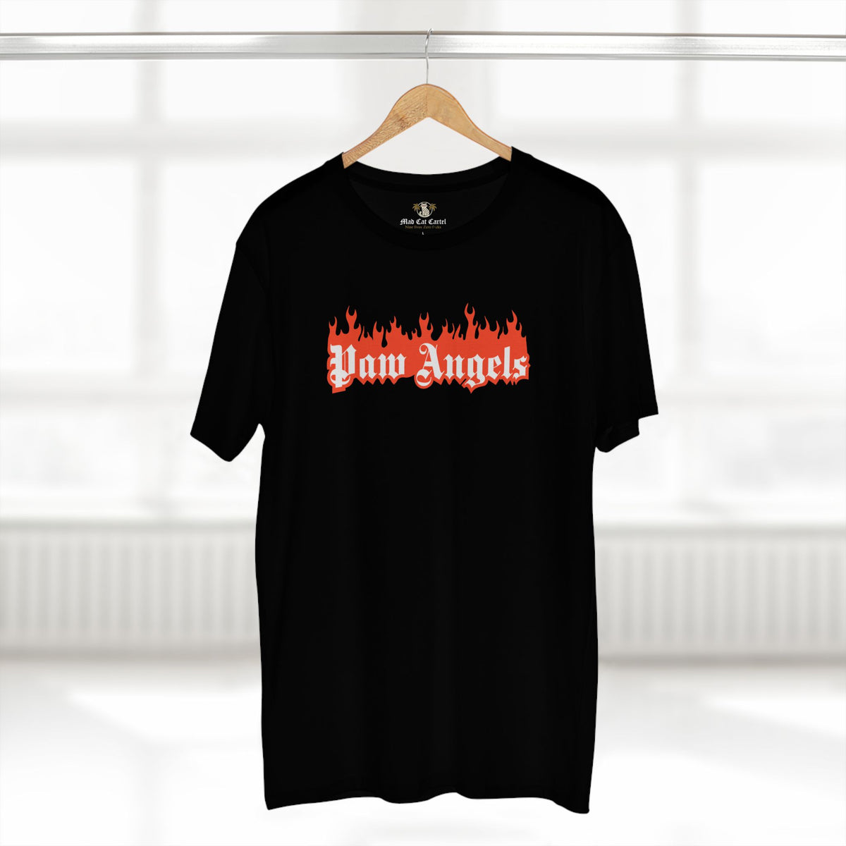 Paw Angels Paradise Inferno Cat Graphic T-Shirt in black, on a hanger