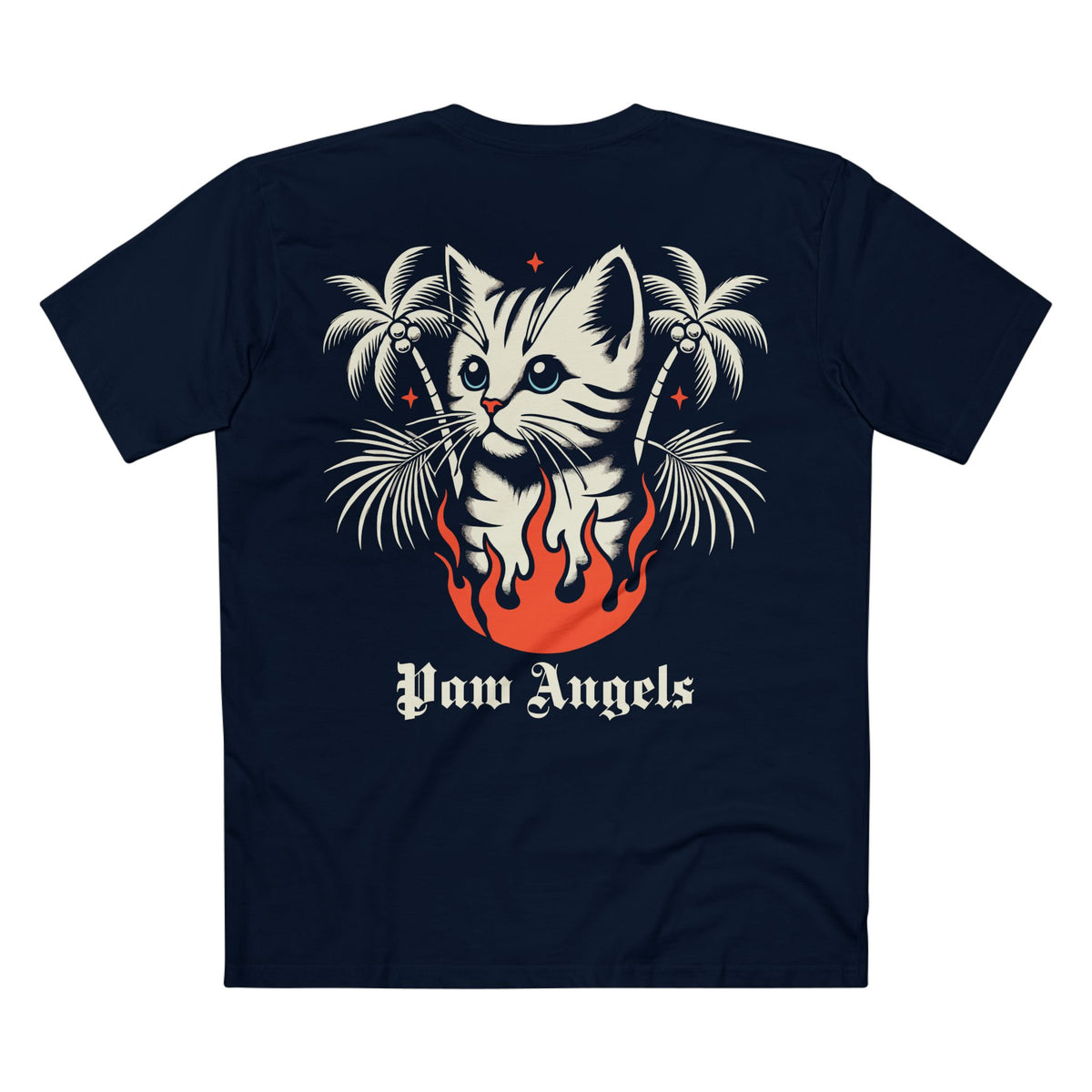 Paw Angels Paradise Inferno Cat Graphic T-Shirt in navy, back view