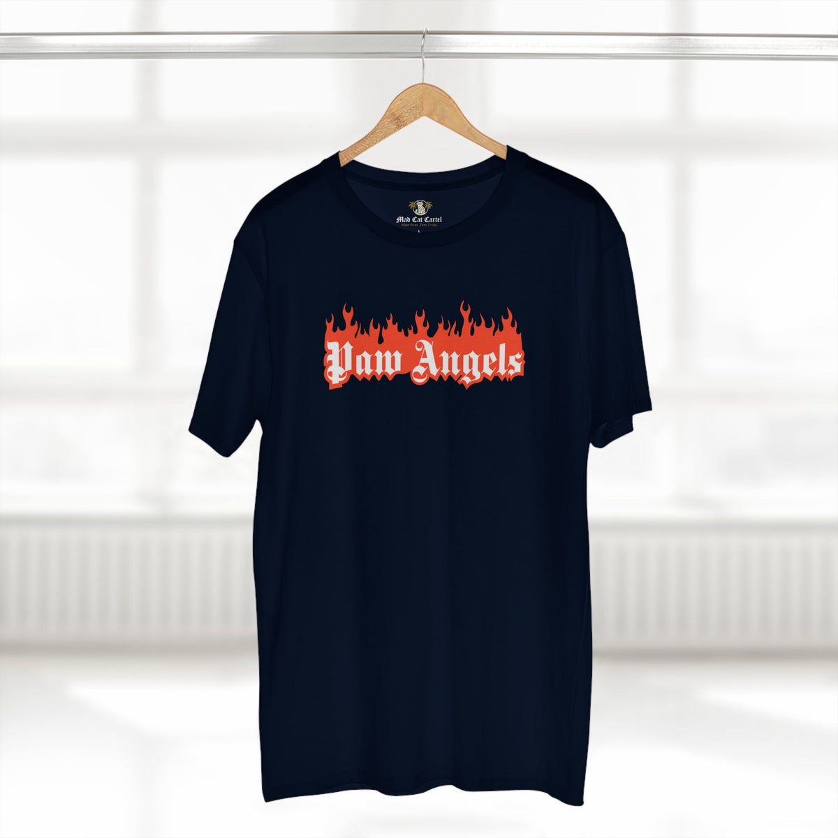 Paw Angels Paradise Inferno Cat Graphic T-Shirt in navy, on a hanger