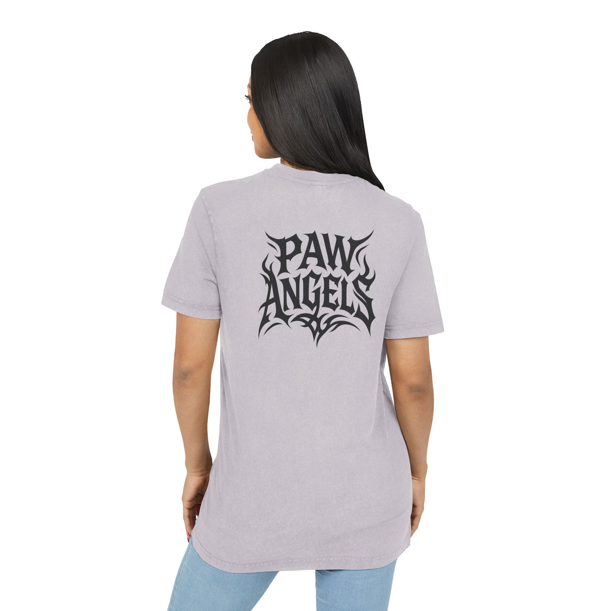 Paw Angels Rebel Angel Acid Washed T-Shirt in soft lilac, back view on a female model