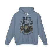 Paw Angels Rebel Angel Cat Graphic Hoodie in blue jean, front view
