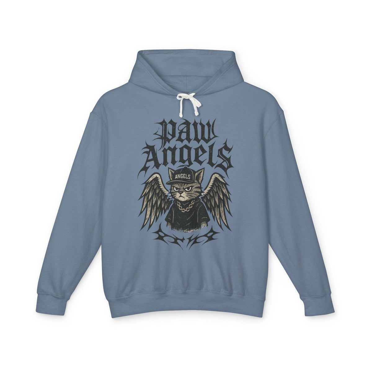 Paw Angels Rebel Angel Cat Graphic Hoodie in blue jean, front view