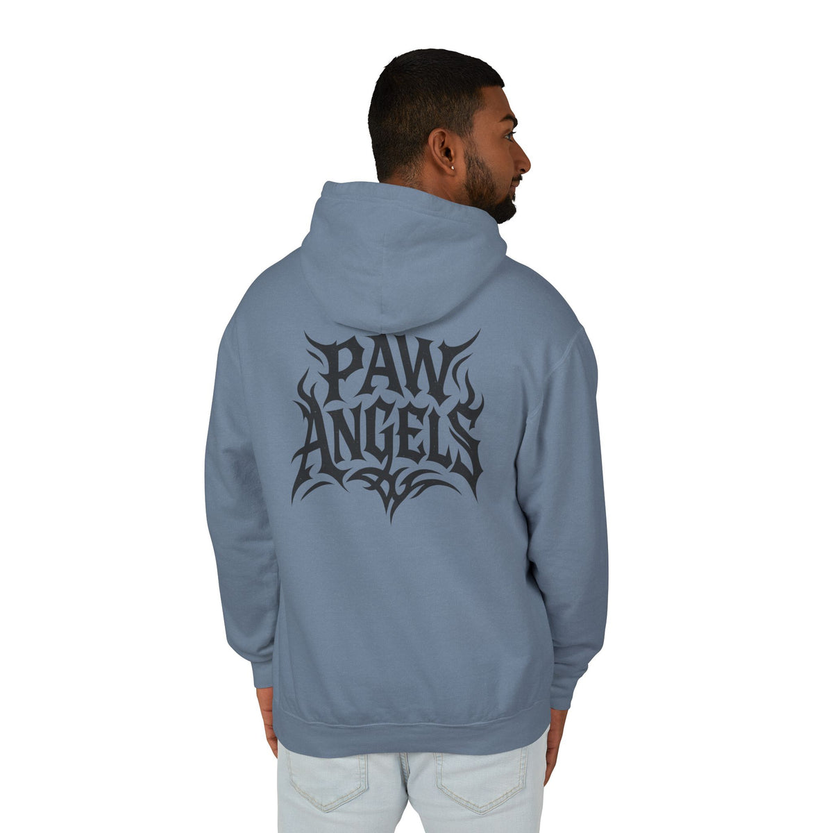 Paw Angels Rebel Angel Cat Graphic Hoodie in blue jean, back view on a male model