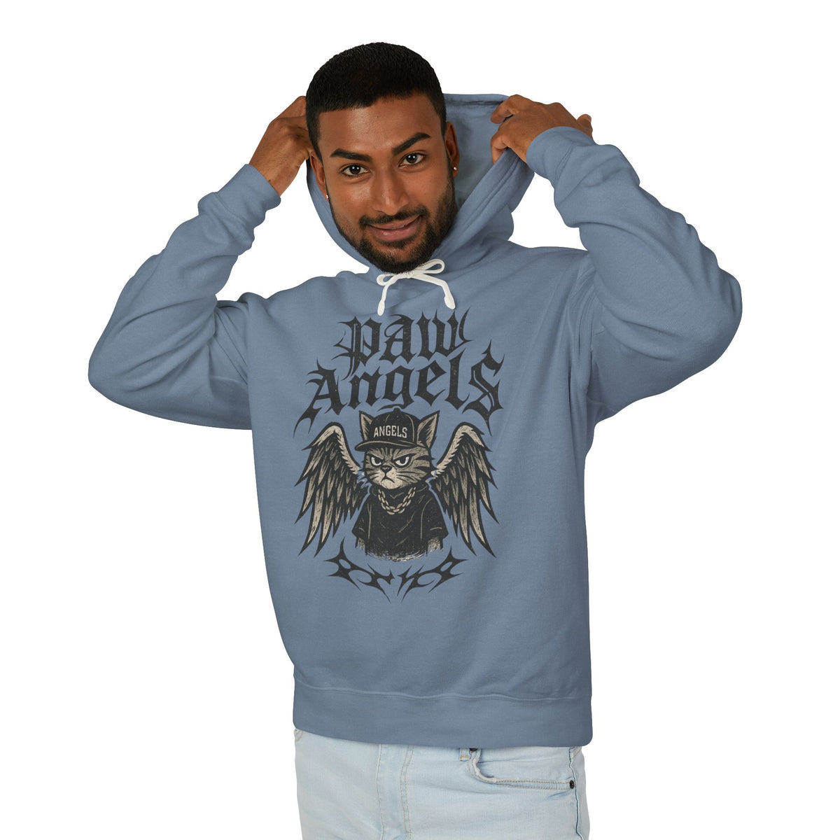 Paw Angels Rebel Angel Cat Graphic Hoodie in blue jean, worn by a male model