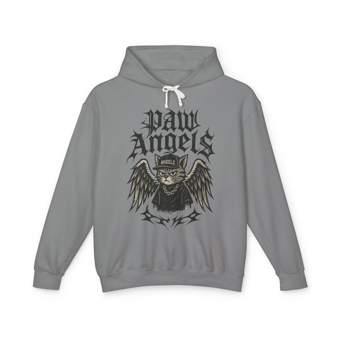 Paw Angels Rebel Angel Cat Graphic Hoodie in grey, front view