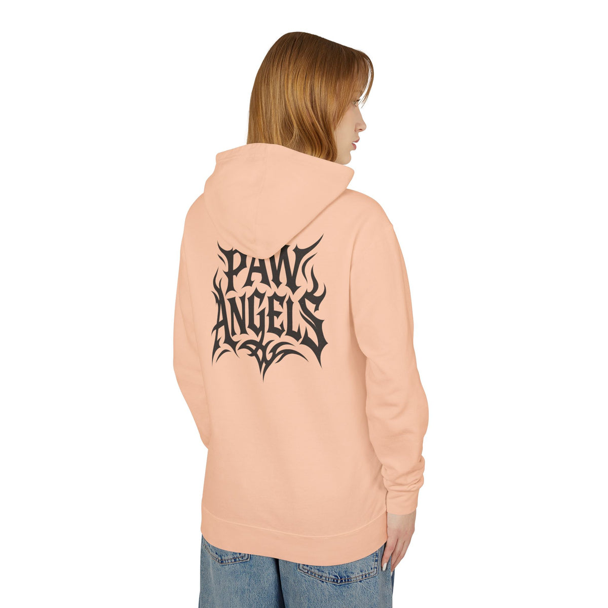 Paw Angels Rebel Angel Cat Graphic Hoodie in peachy, back view on a female model