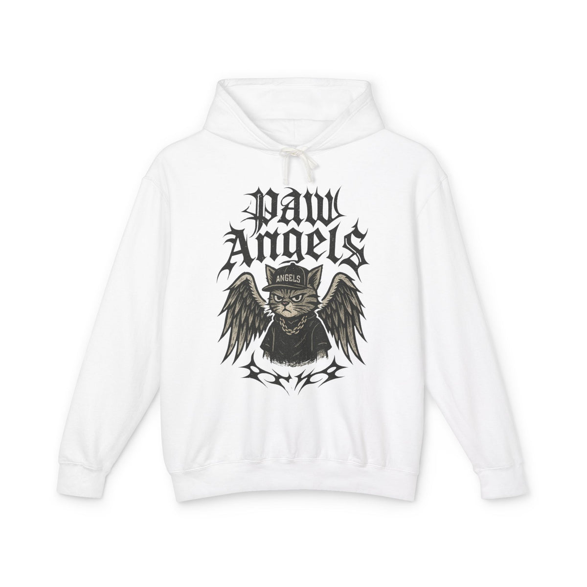 Paw Angels Rebel Angel Cat Graphic Hoodie in white, front view