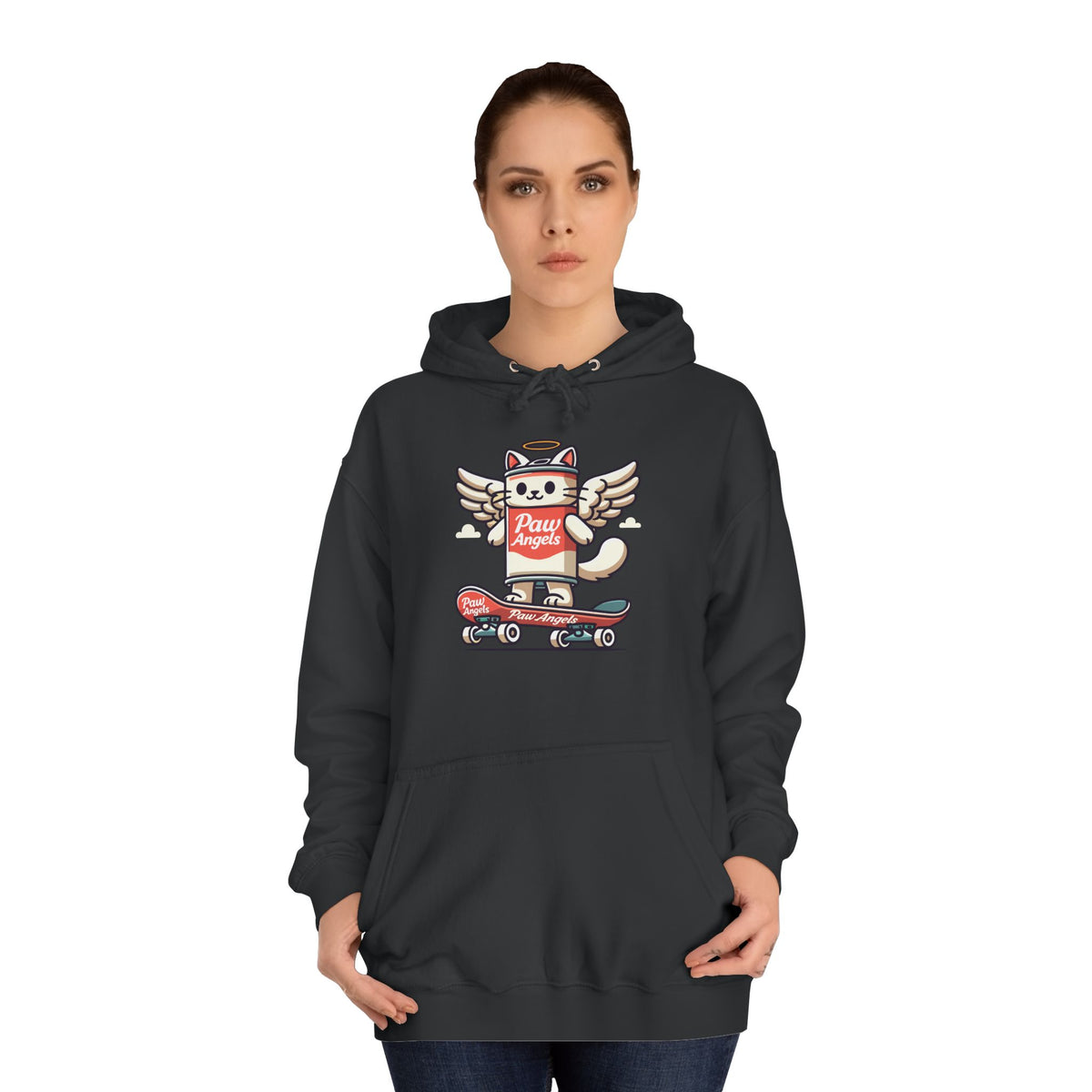 Paw Angels Spray Cat Graphic Hoodie in jet black, worn by a female model