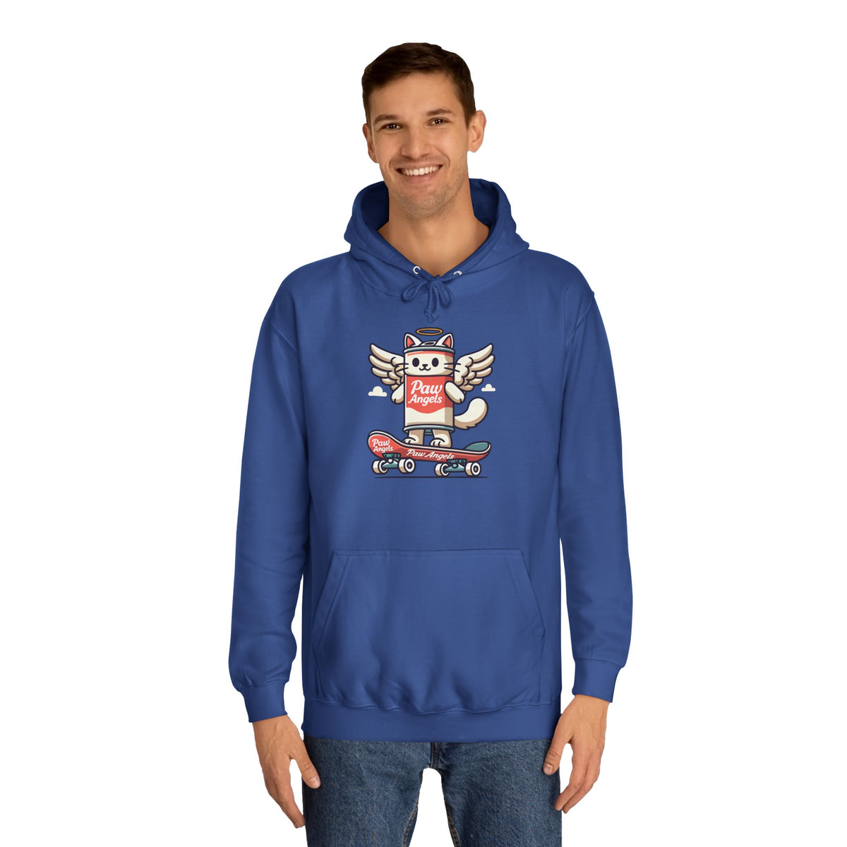 Paw Angels Spray Cat Graphic Hoodie in royal blue, worn by a male model