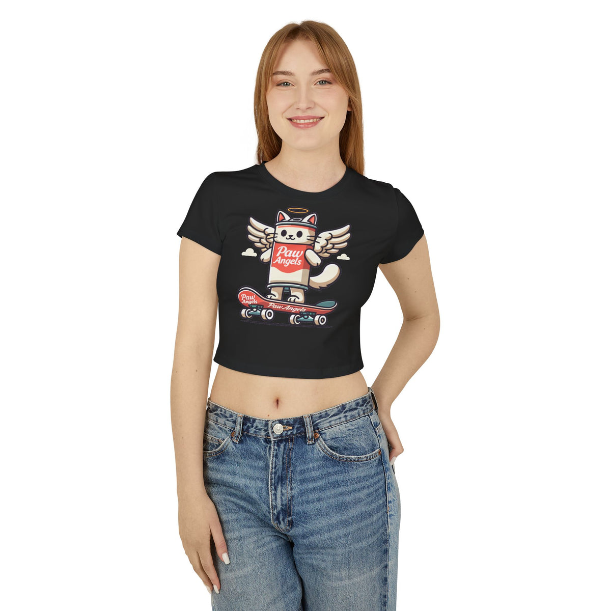 Paw Angels Spray Cat Graphic Women's Baby Tee in black, worn by a female model