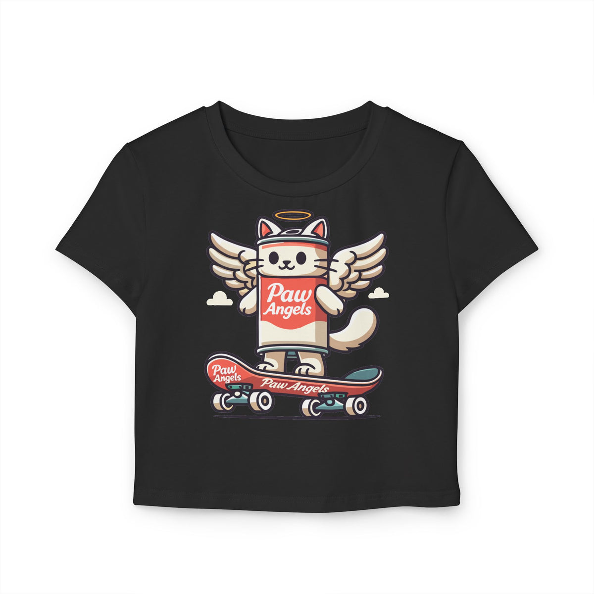 Paw Angels Spray Cat Graphic Women's Baby Tee in black, flat lay