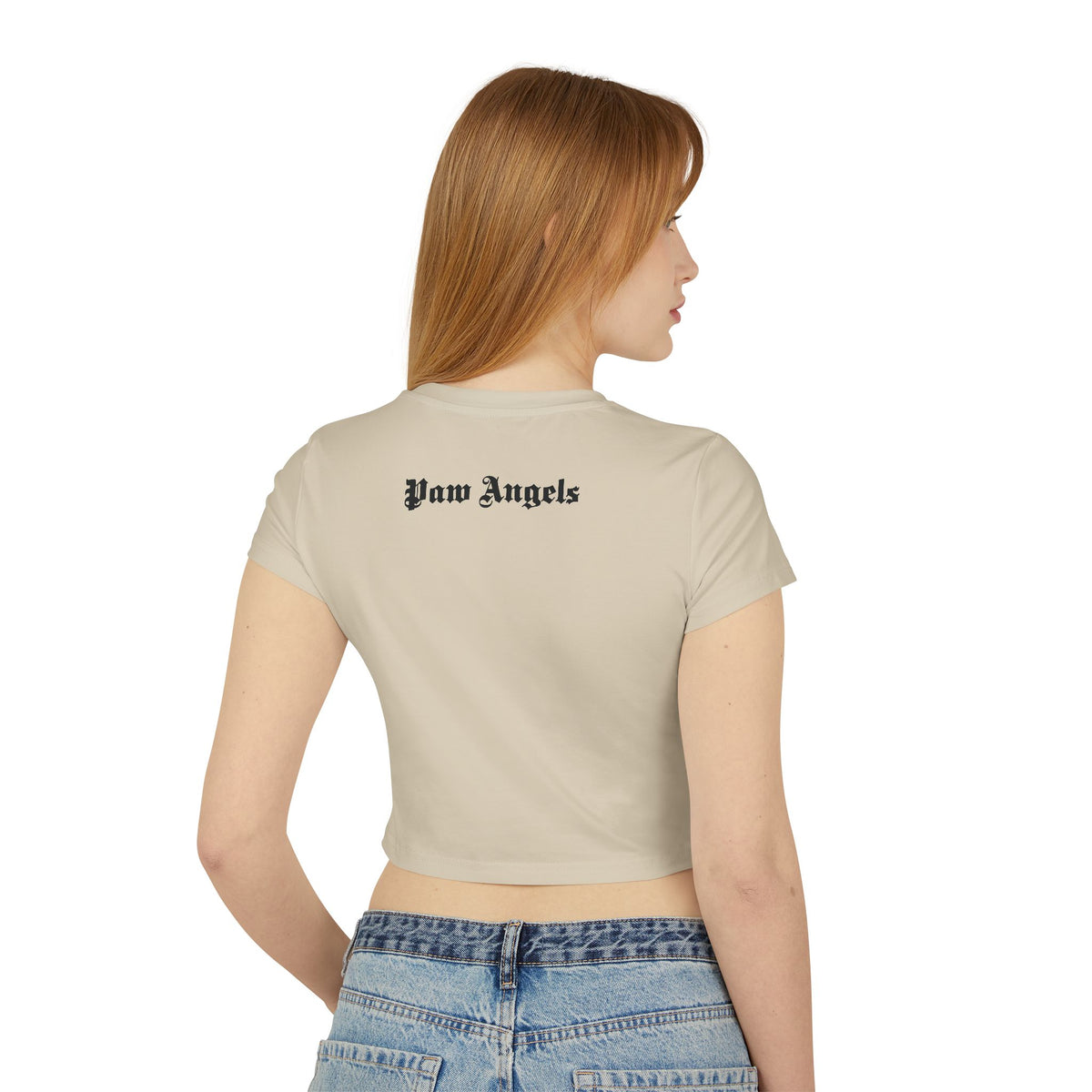 Paw Angels Spray Cat Graphic Women's Baby Tee in sand, back view on a female model