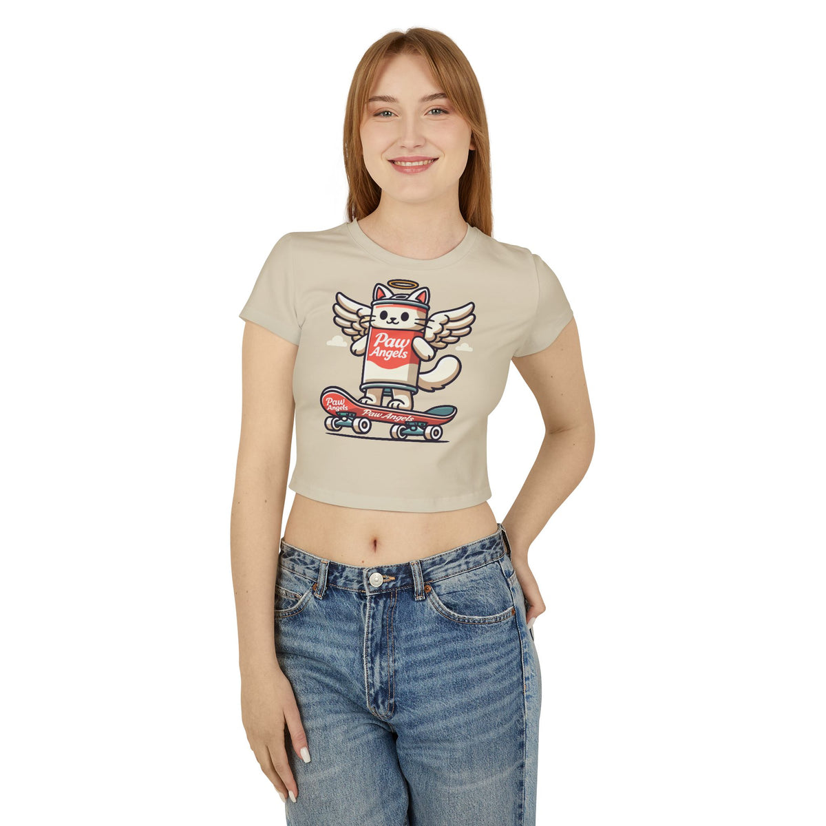 Paw Angels Spray Cat Graphic Women's Baby Tee in sand, worn by a female model