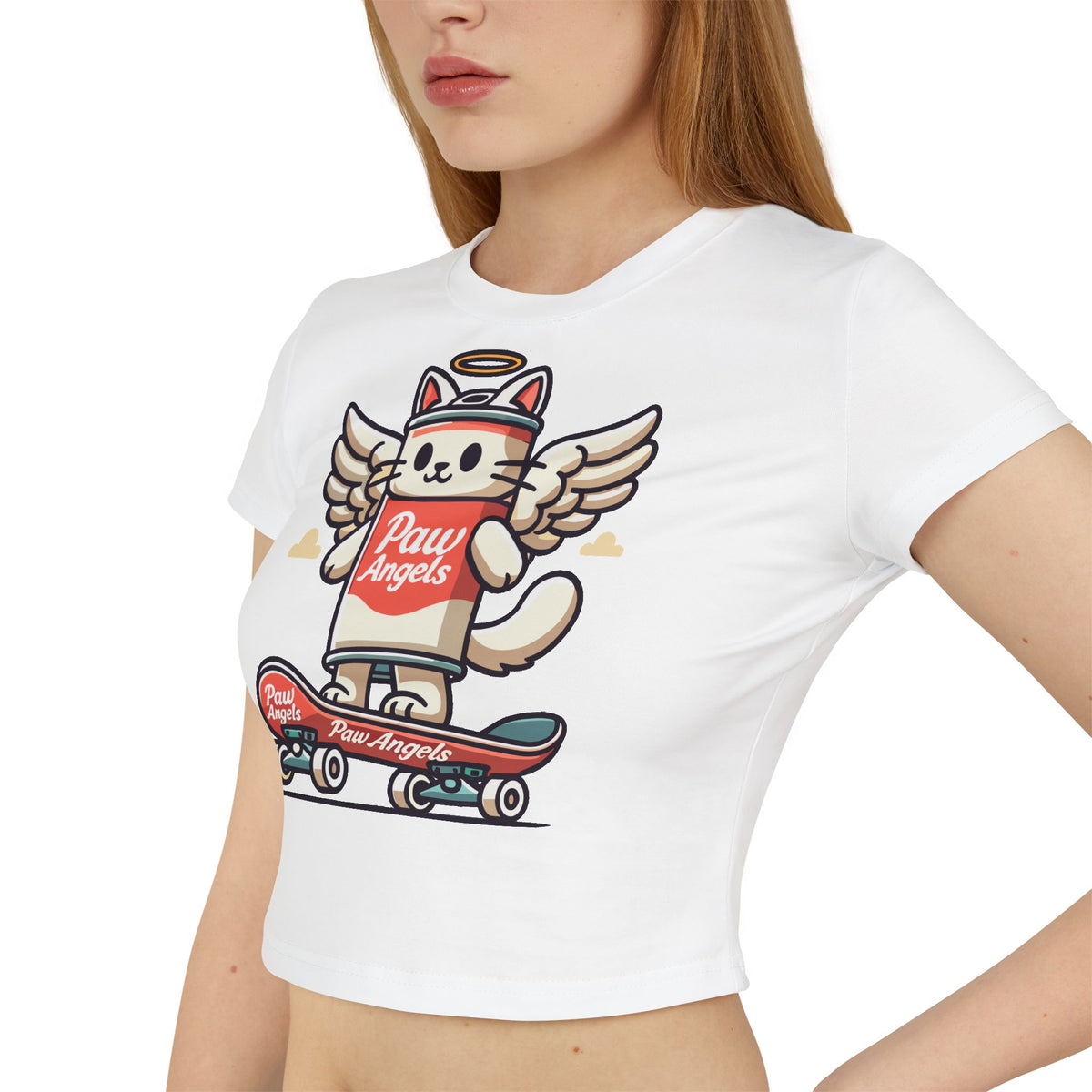 Paw Angels Spray Cat Graphic Women's Baby Tee in white, close-up detail