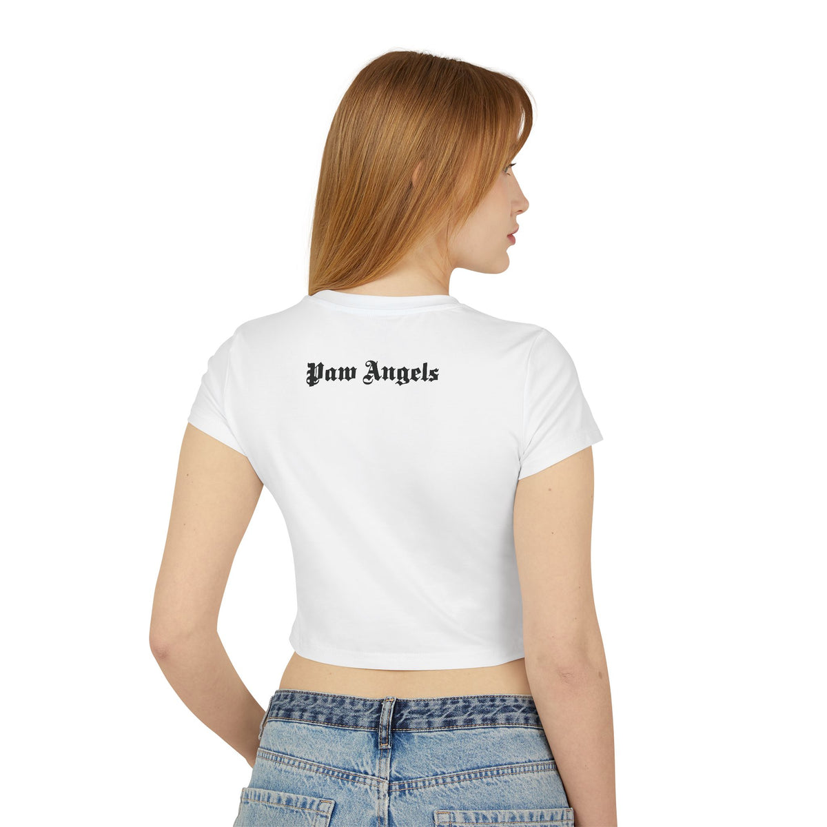 Paw Angels Spray Cat Graphic Women's Baby Tee in white, back view on a female model