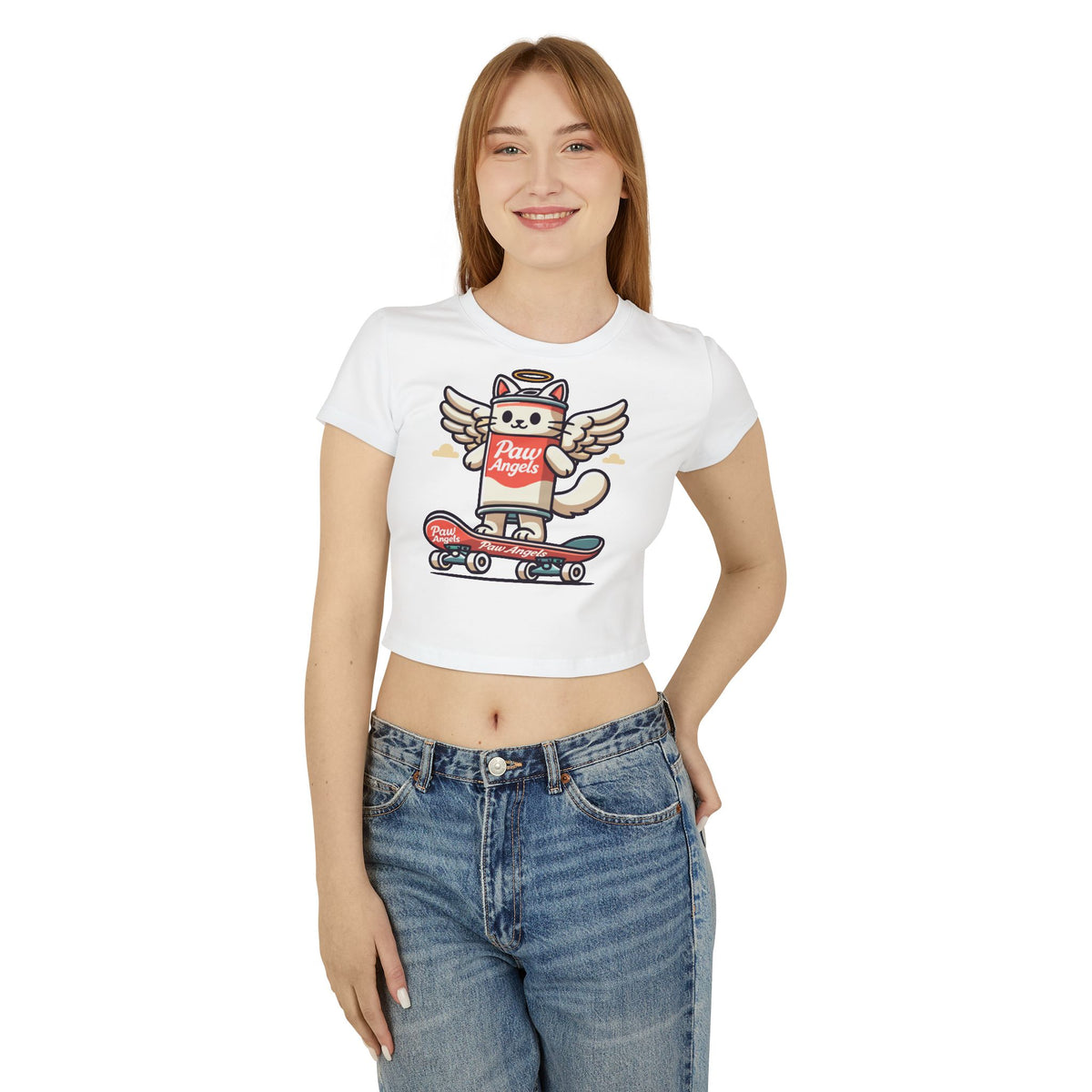 Paw Angels Spray Cat Graphic Women's Baby Tee in white, worn by a female model