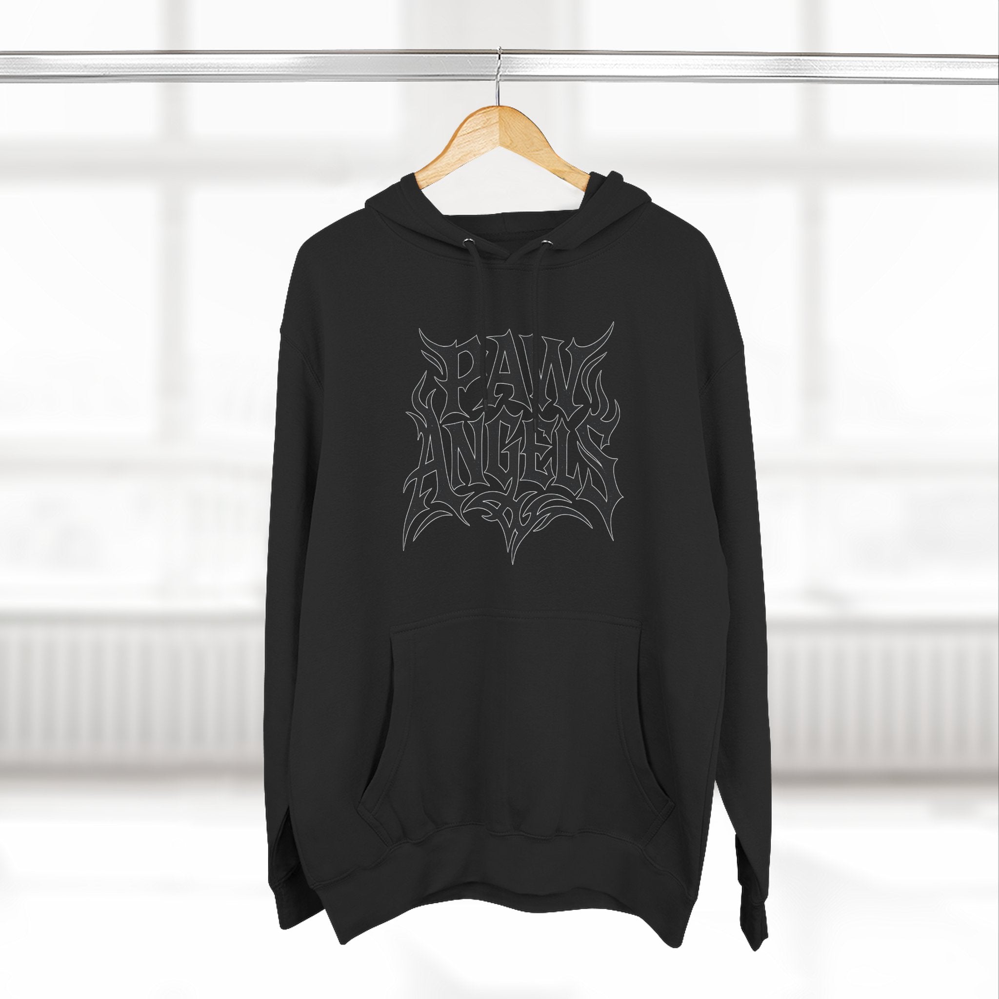 Paw Angels Tribal Logo Graphic Hoodie in black, on a hanger