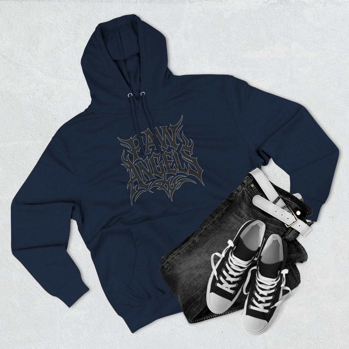 Paw Angels Tribal Logo Graphic Hoodie in navy, flat lay
