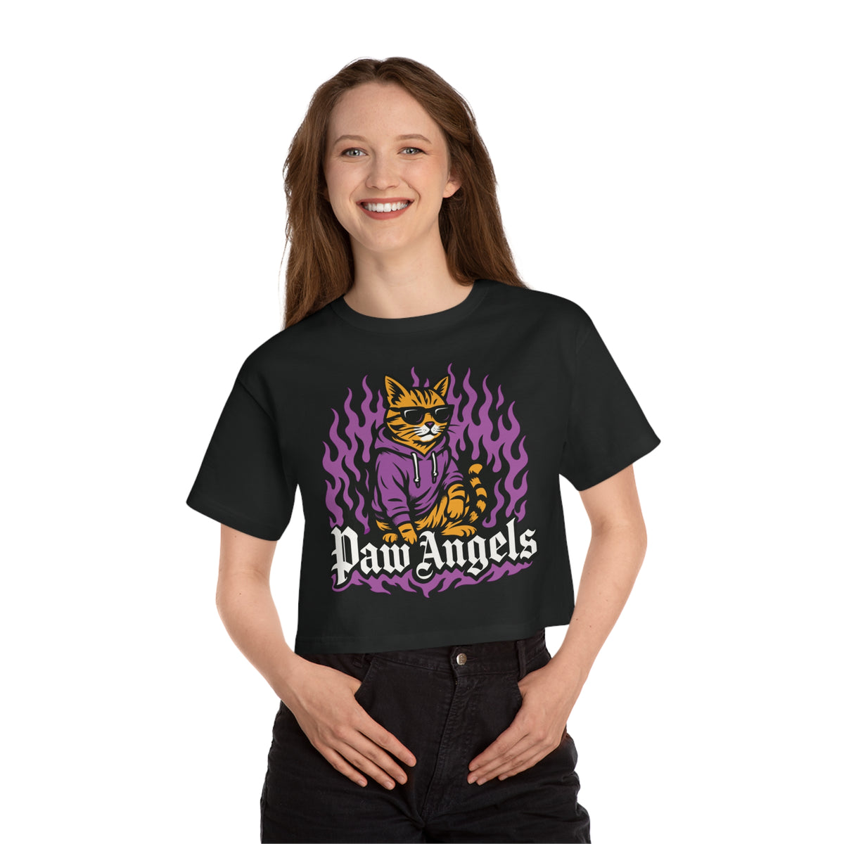Paw Angels x Champion Streetfire Cat Graphic Cropped T-Shirt in black, worn by a female model