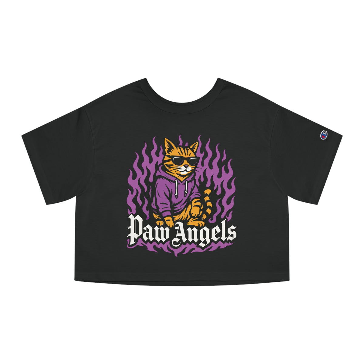 Paw Angels x Champion Streetfire Cat Graphic Cropped T-Shirt in black, front view