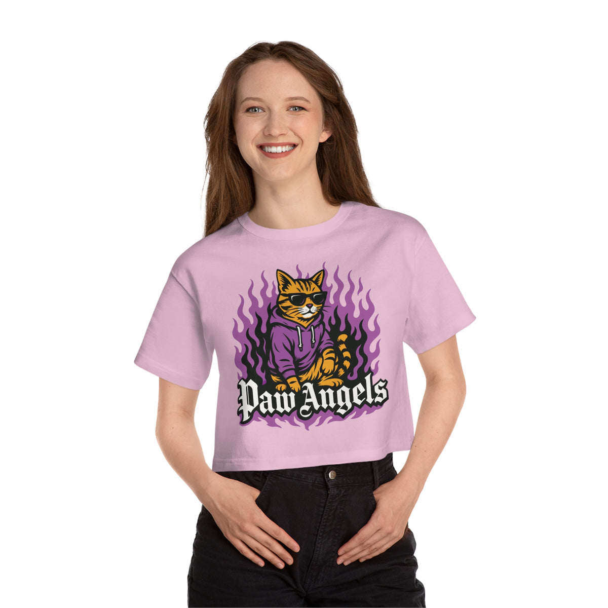 Paw Angels x Champion Streetfire Cat Graphic Cropped T-Shirt in pink candy, worn by a female model