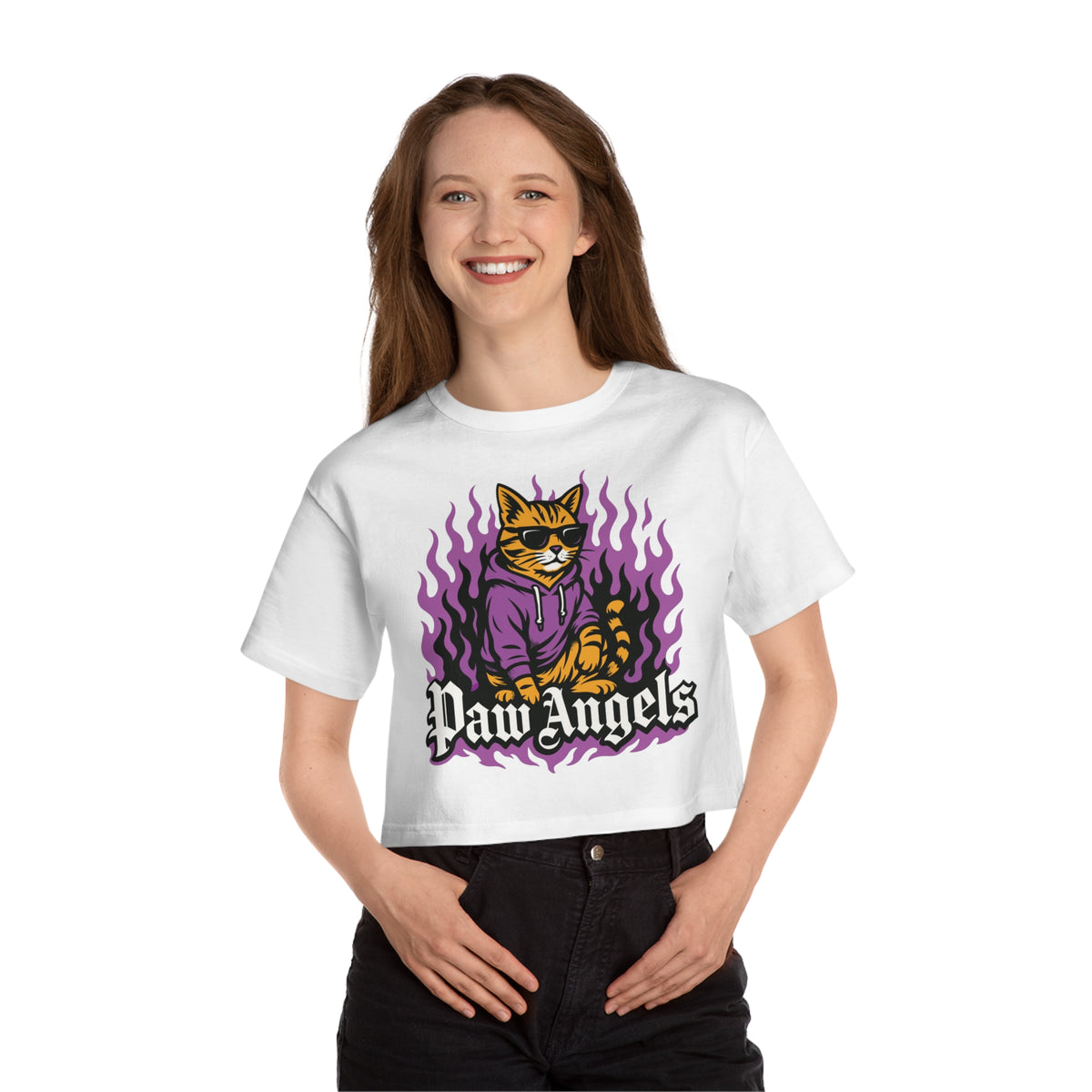 Paw Angels x Champion Streetfire Cat Graphic Cropped T-Shirt in white, worn by a female model
