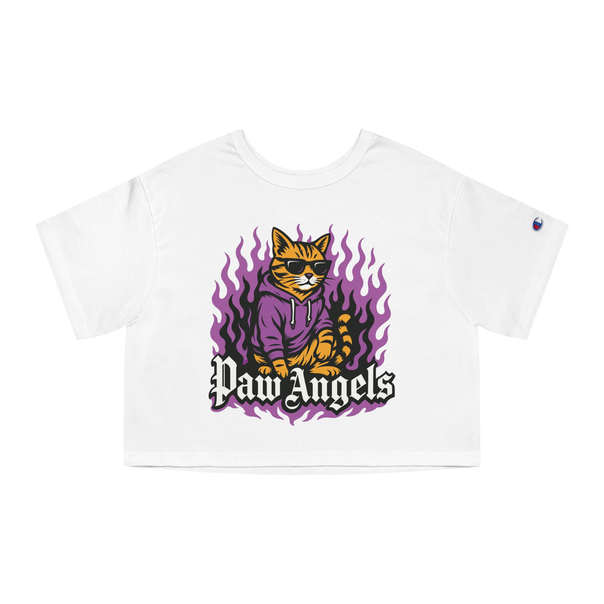 Paw Angels x Champion Streetfire Cat Graphic Cropped T-Shirt in white, front view