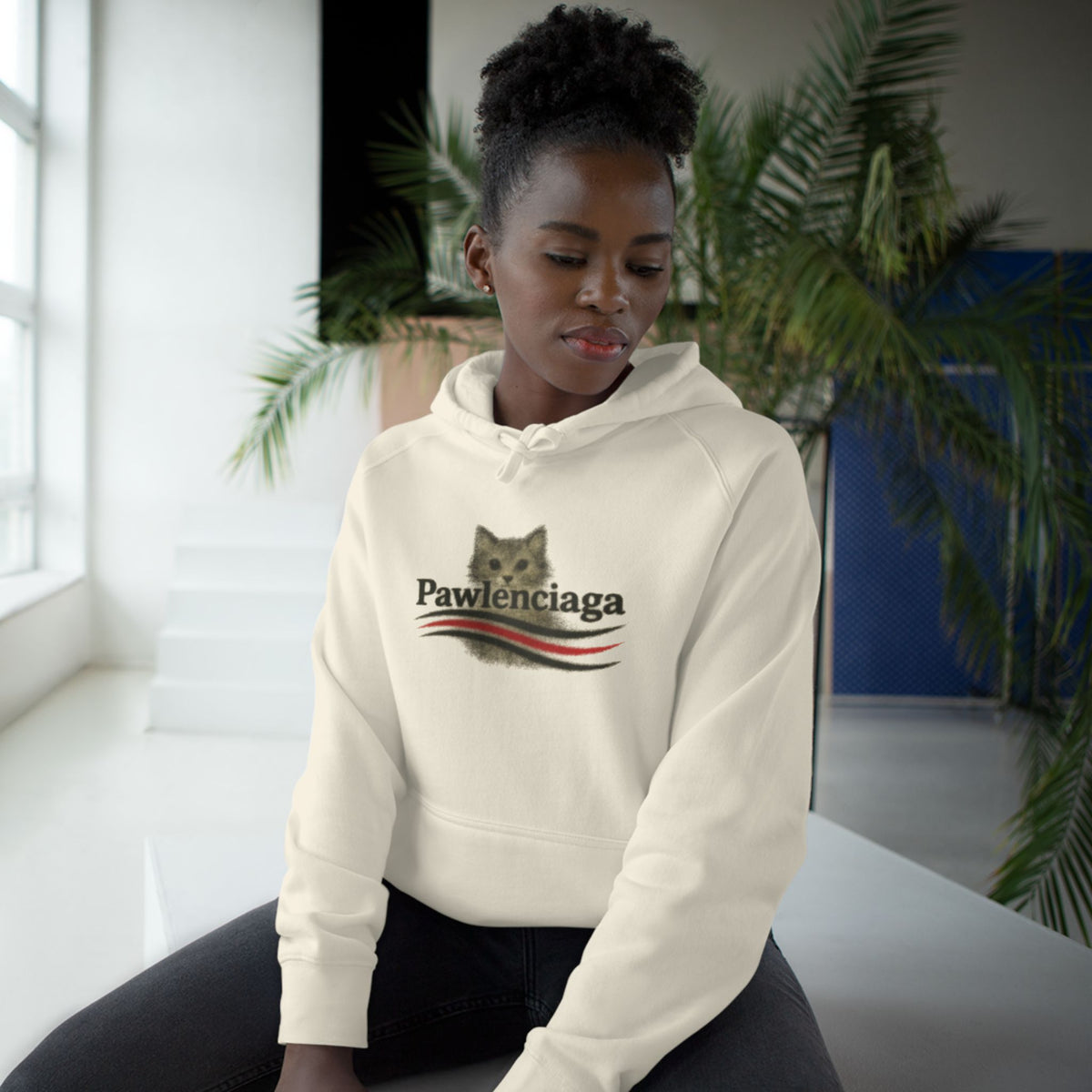 Pawlenciaga Airbrush Cat Designer Parody Logo Ecru Hoodie, worn by a female model