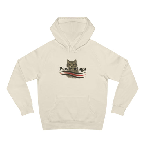 Pawlenciaga Airbrush Cat Designer Parody Logo Ecru Hoodie, flat lay