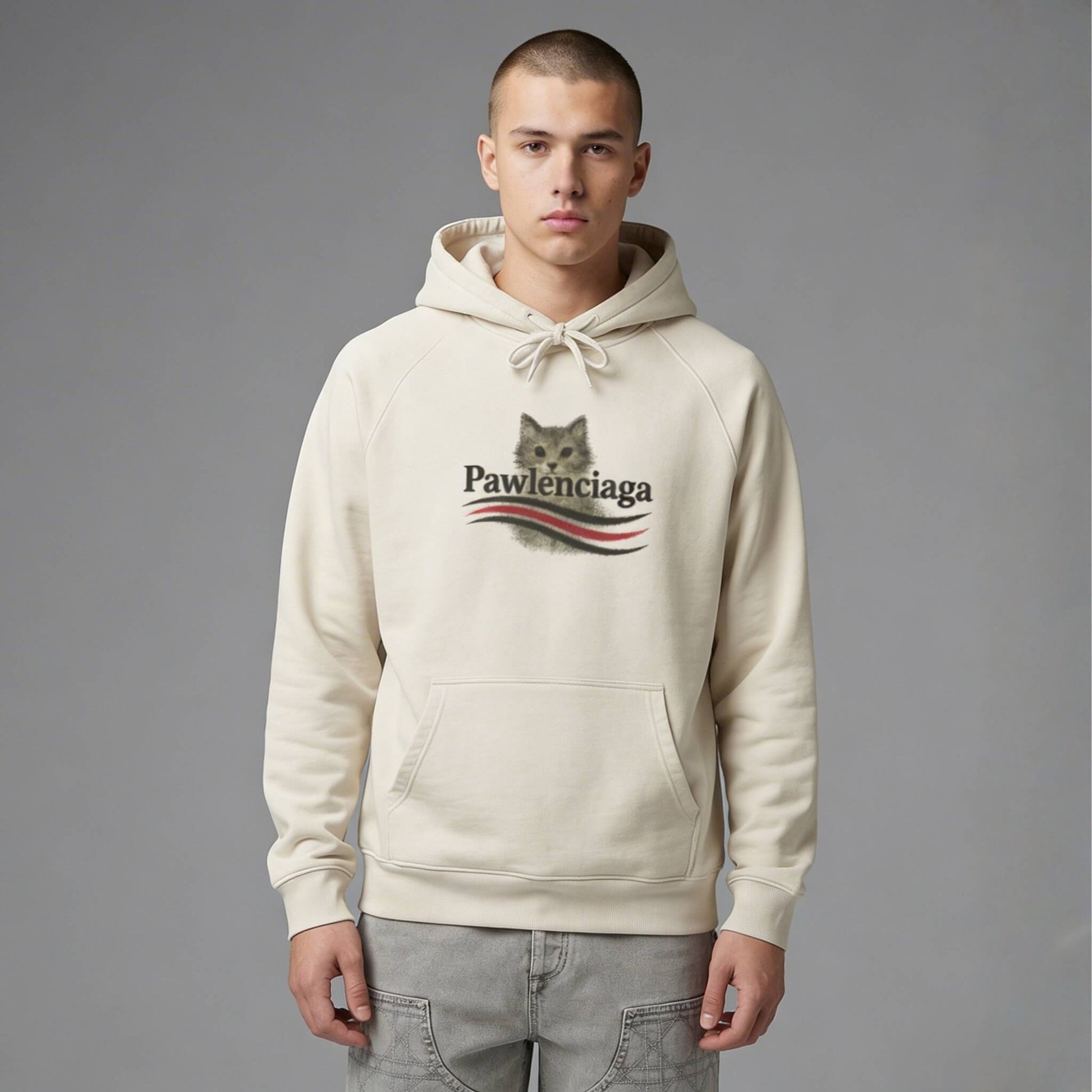 Man wearing funny designer parody hoodie by Mad Cat Cartel