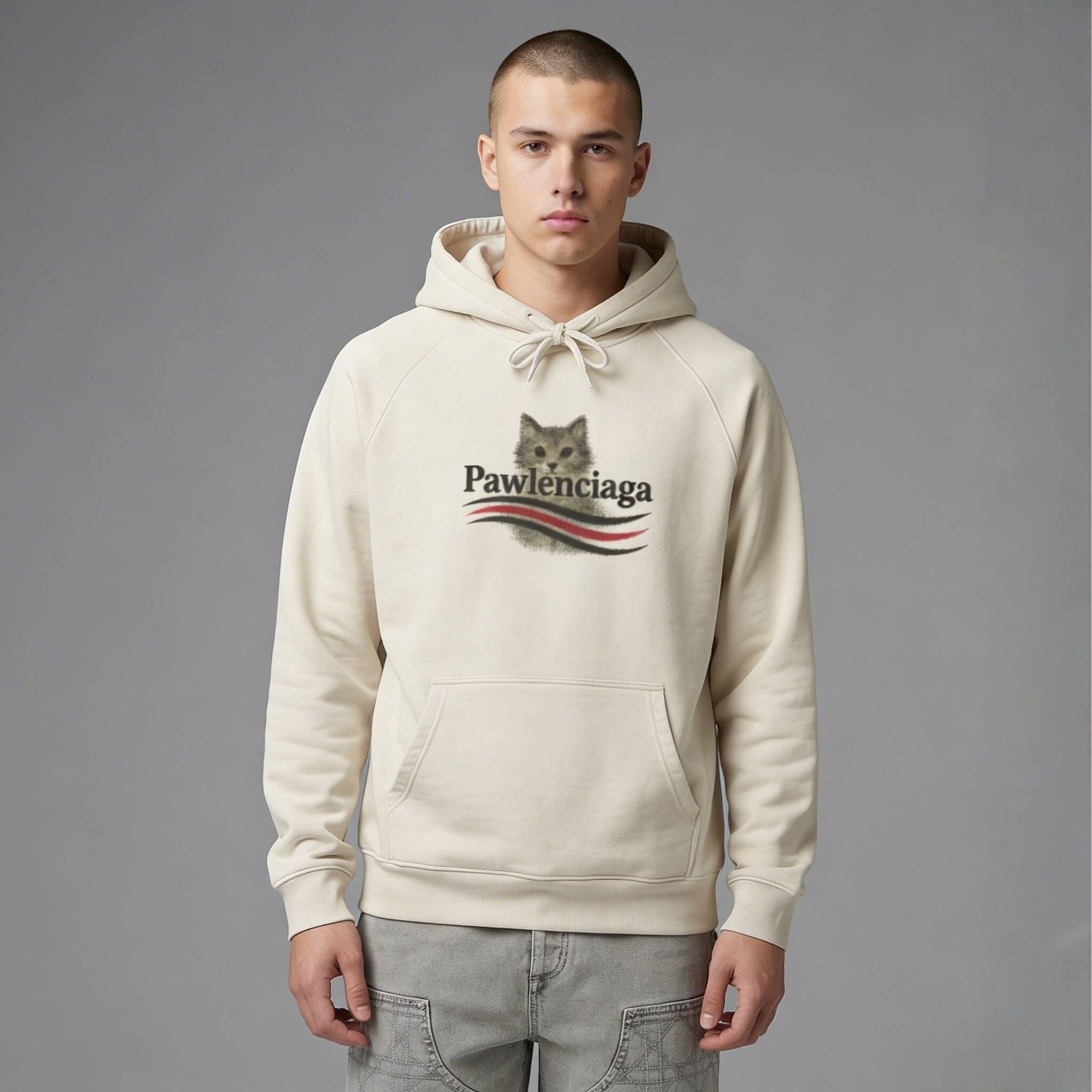 Man wearing funny designer parody hoodie by Mad Cat Cartel