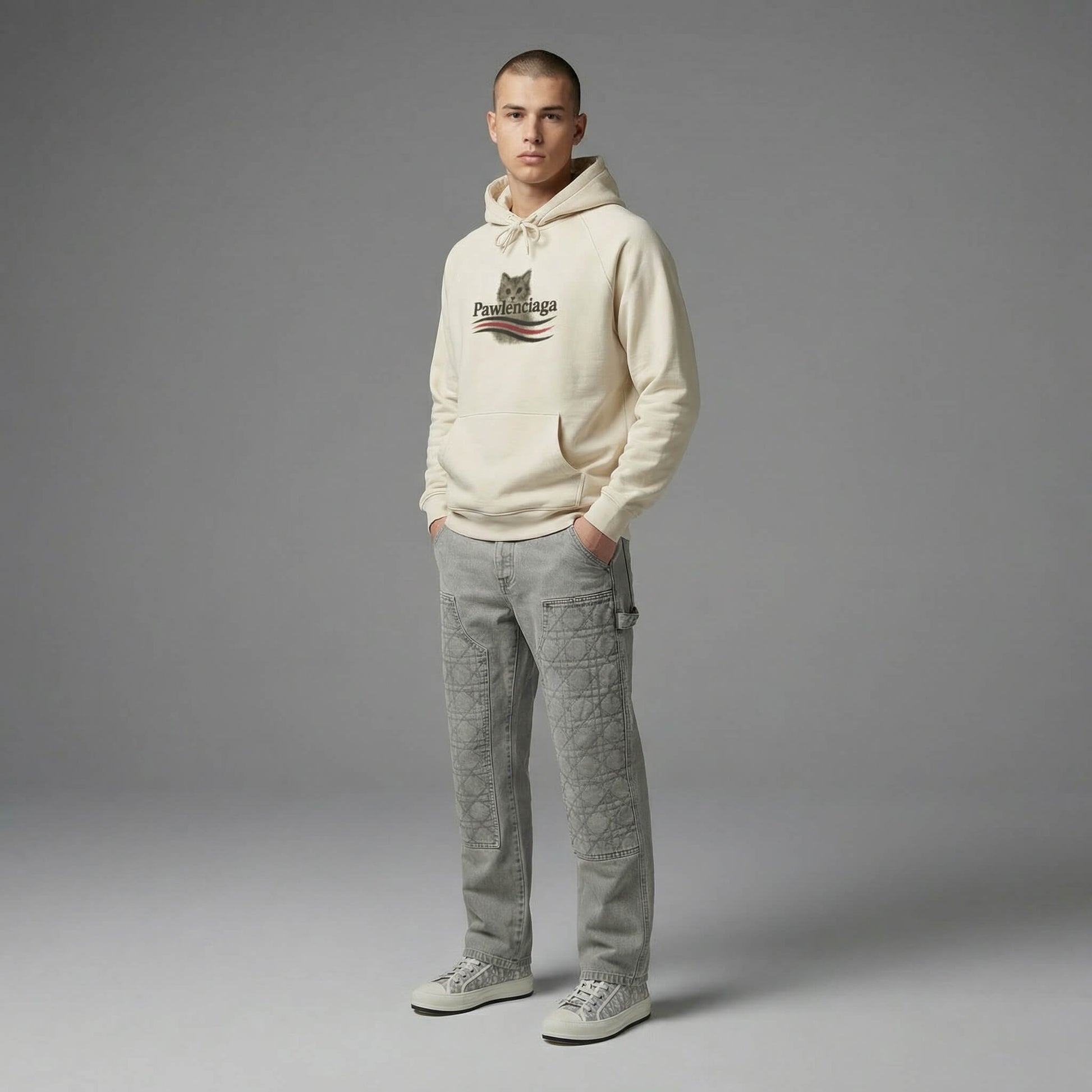 Man wearing beige Pawlenciaga parody logo designer hoodie for cat lovers